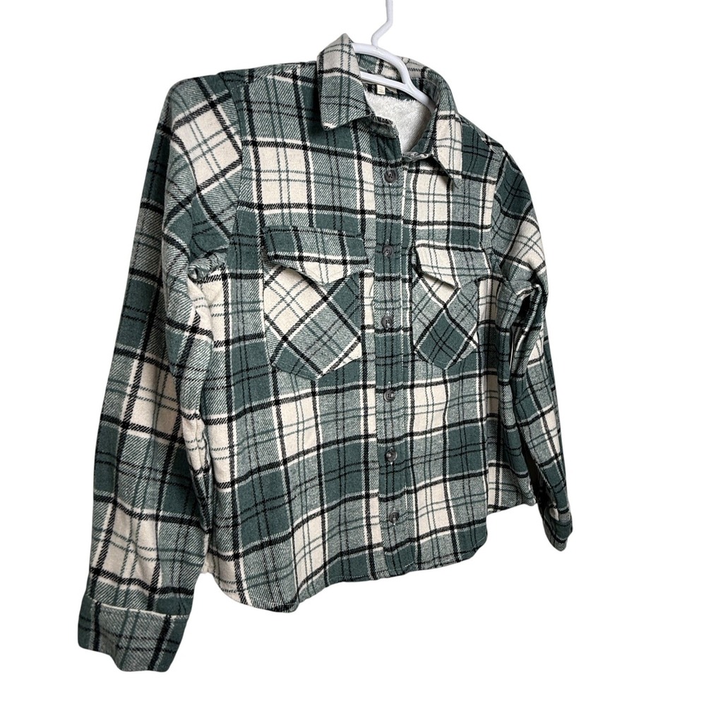 Eden & Olivia Sage Ivory Black Plaid Sherpa Lined Flannel Shacket Petite Lg NWT - Picture 15 of 15